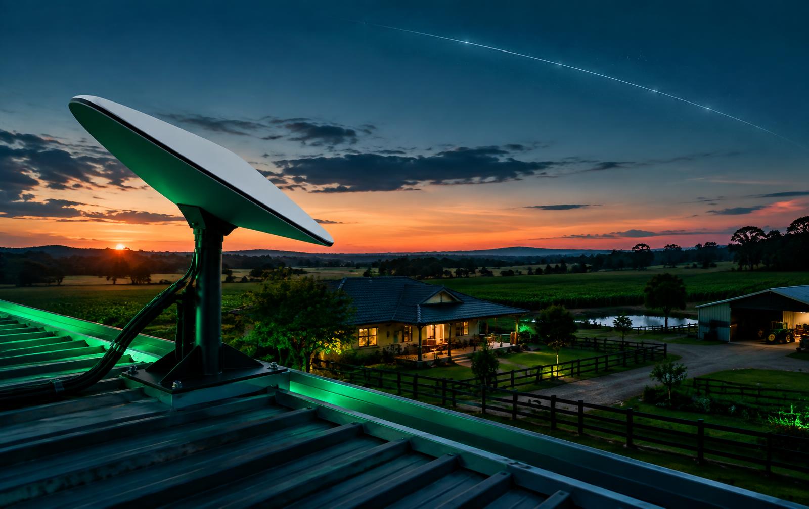 Antena de internet via satélite instalada em uma propriedade rural ao entardecer